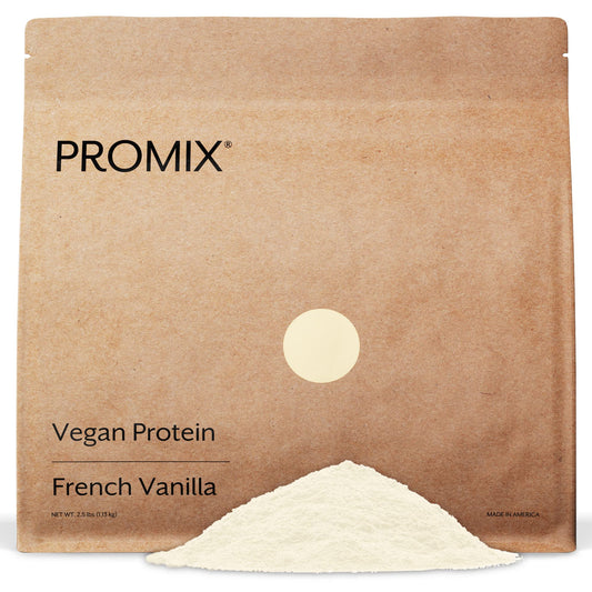 Promix Nutrition vanilla vegan protein canister for workouts, high-protein plant-based nutrition.