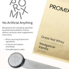 Ingredient list highlights grass-fed whey and natural vanilla in ProMix Nutrition product.