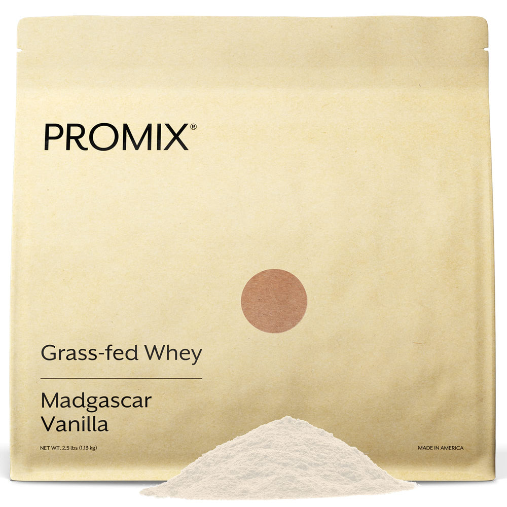 ProMix Nutrition vanilla whey powder bottle for post workout recovery and muscle support.