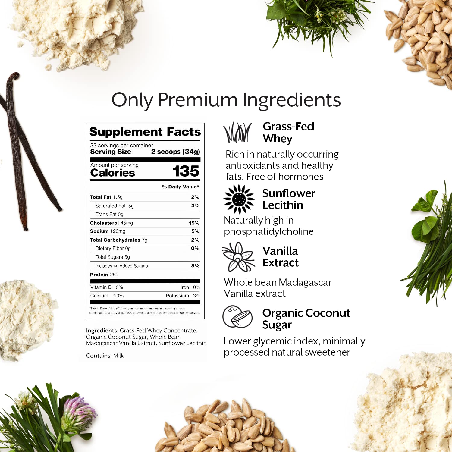 Close up of label on ProMix Nutrition vanilla whey powder showing ingredients.