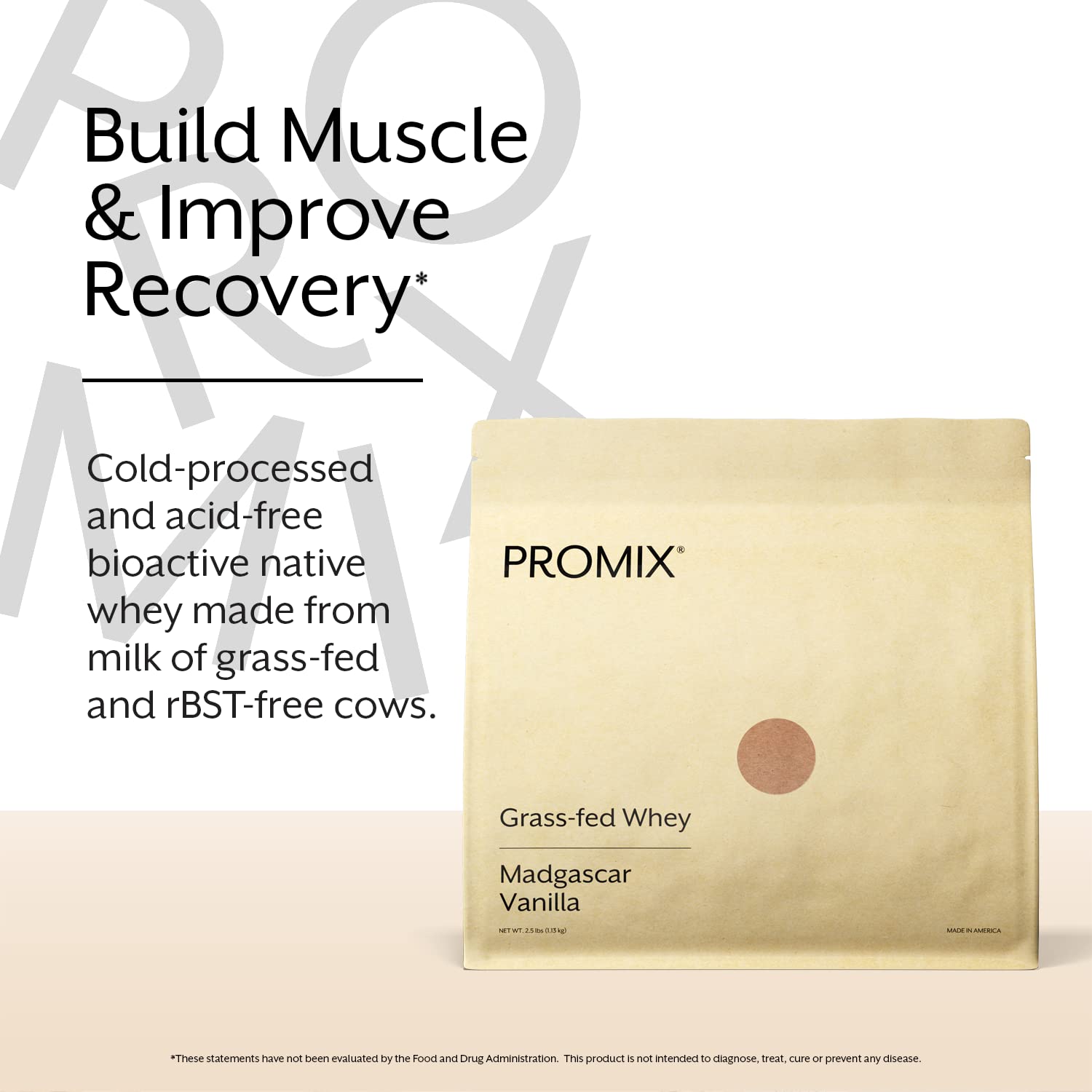 Scoop beside ProMix Nutrition vanilla whey powder showing grass-fed origin.