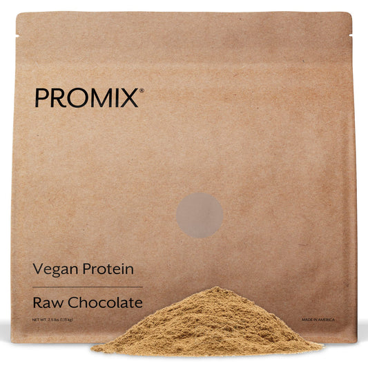 Promix Nutrition vegan protein canister in raw chocolate flavor for shakes.