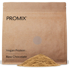 Promix Nutrition vegan protein canister in raw chocolate flavor for shakes.