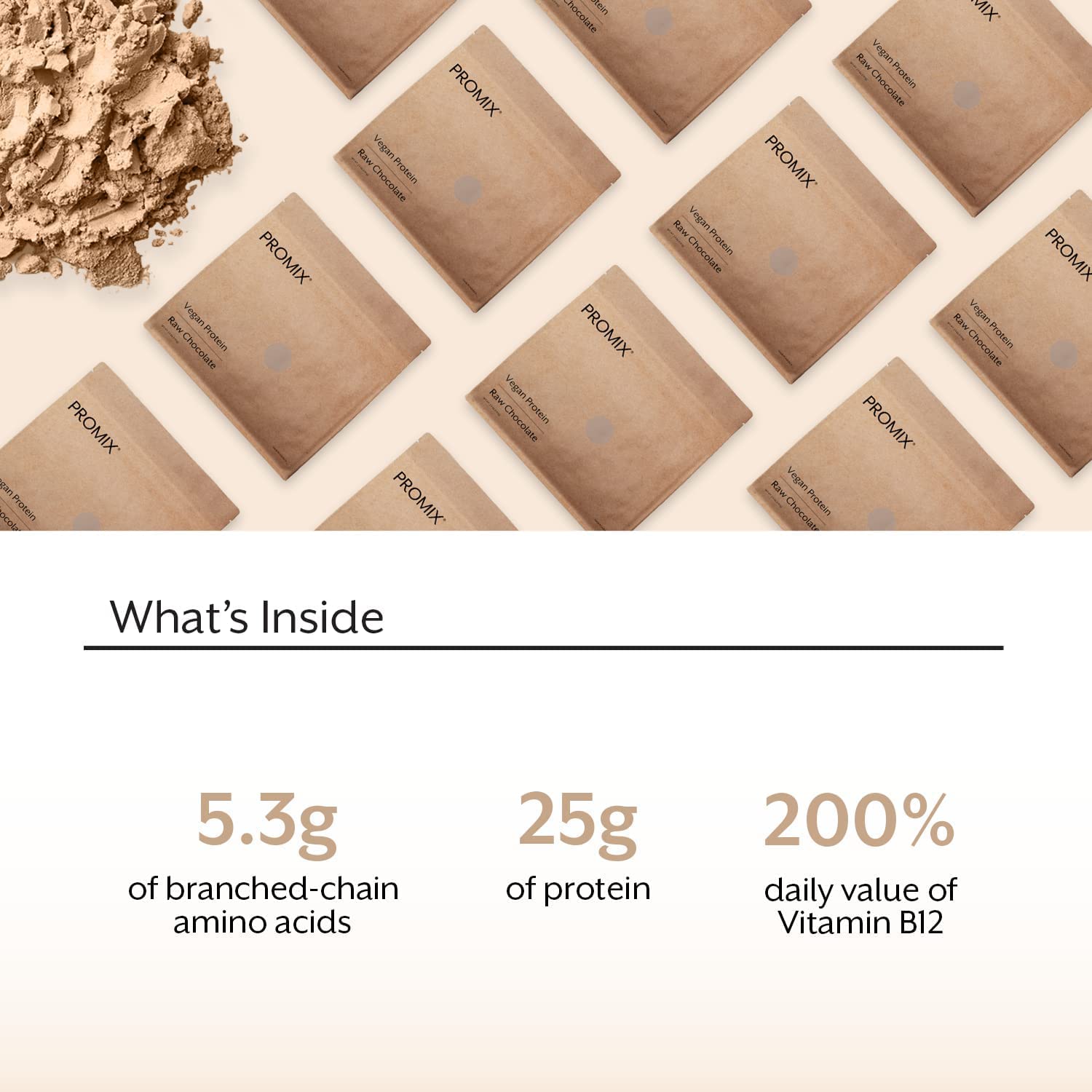 Promix vegan protein powder raw chocolate ingredients: yellow peas and cacao
