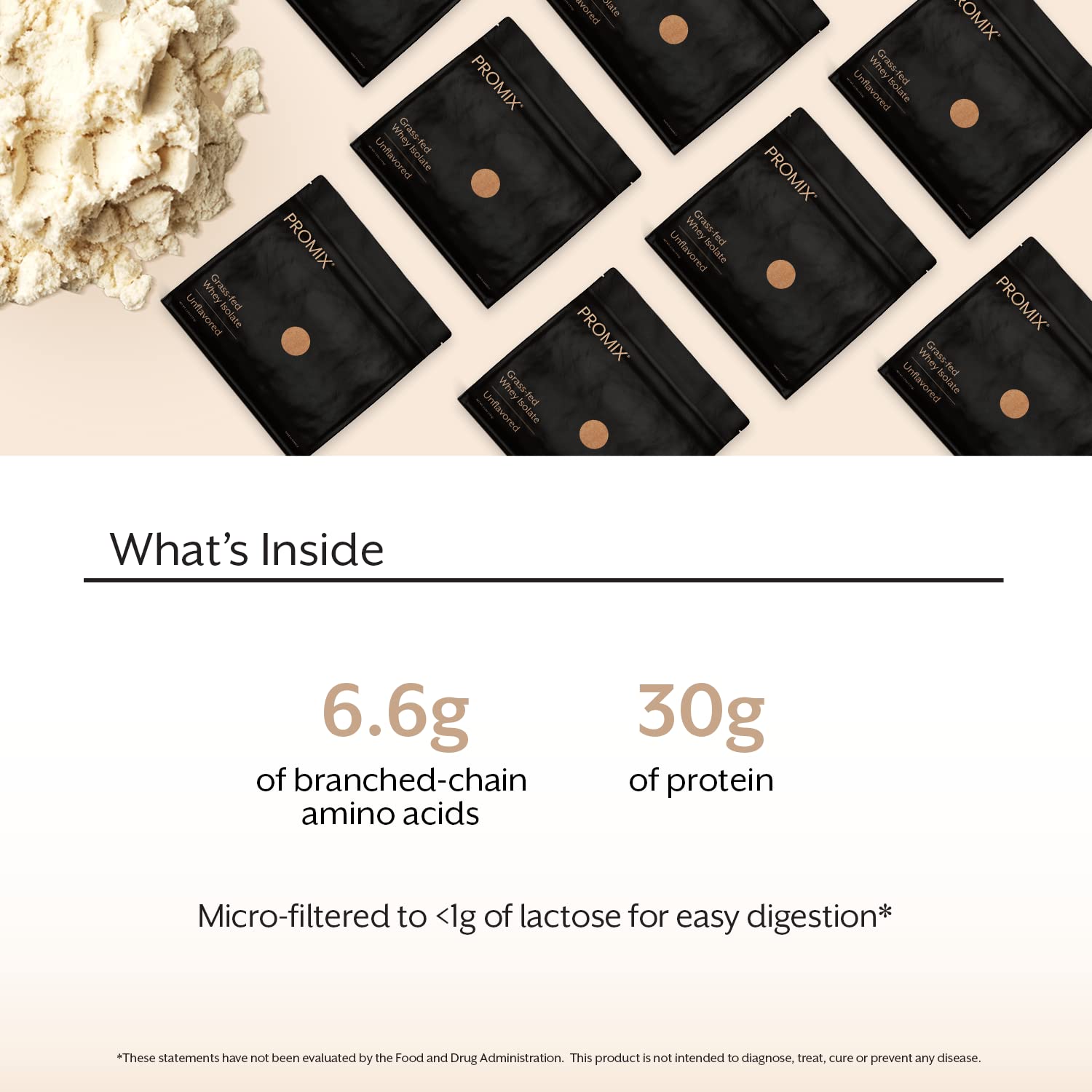Close-up of Promix Nutrition Whey Isolate ingredients highlighting clean, grass-fed protein.