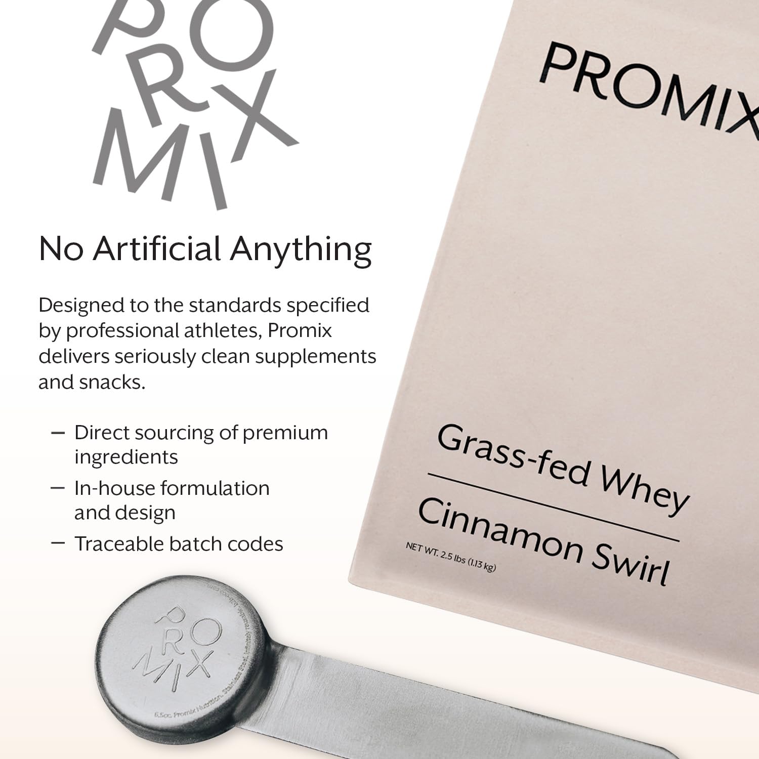 ProMix Nutrition Whey Protein Powder Cinnamon Swirl non-GMO cane sugar and clean label ingredients highlighted