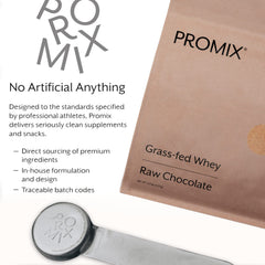 Promix Nutrition whey protein powder non-GMO ingredients list visible on the container