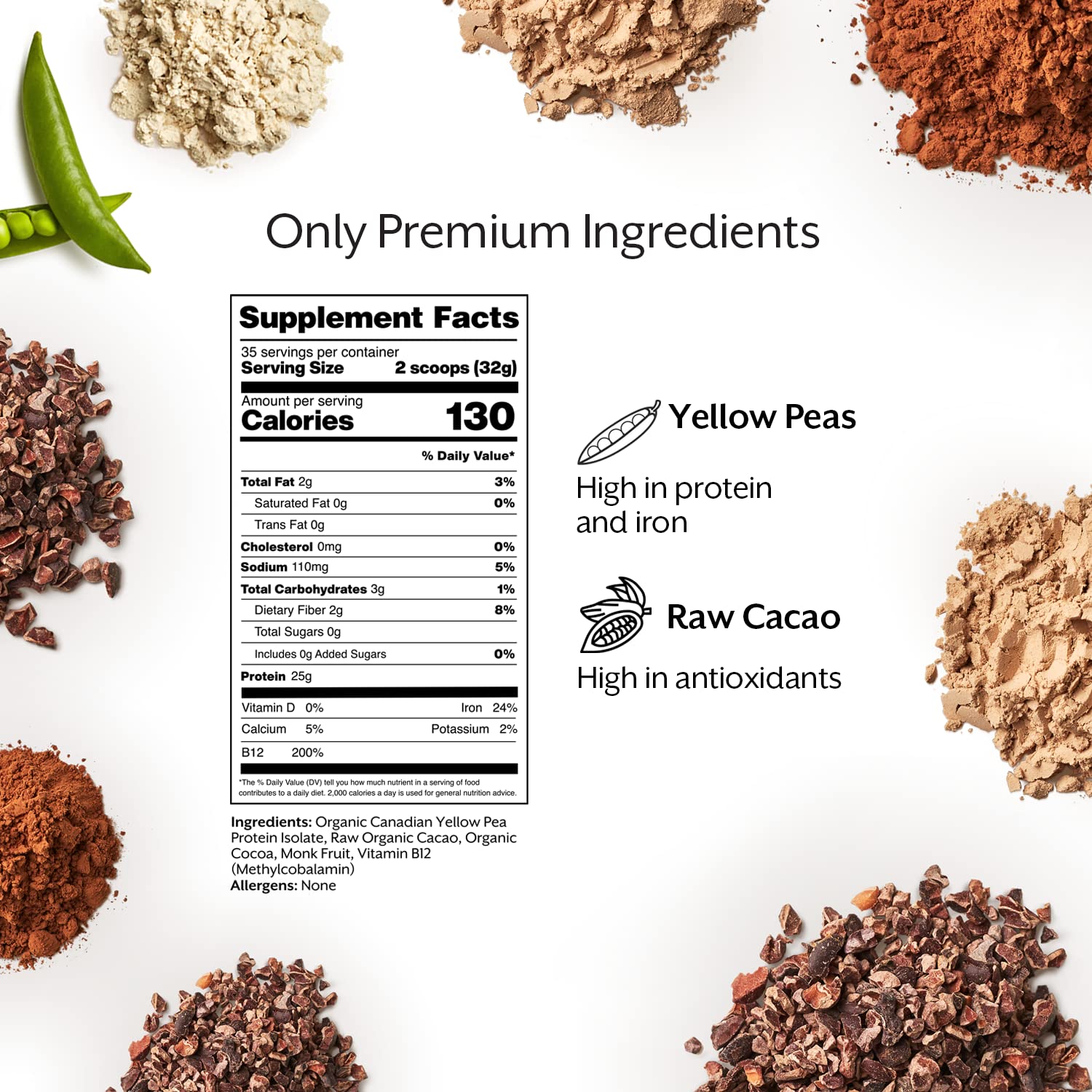 Close-up of Promix yellow pea and raw cacao ingredients.