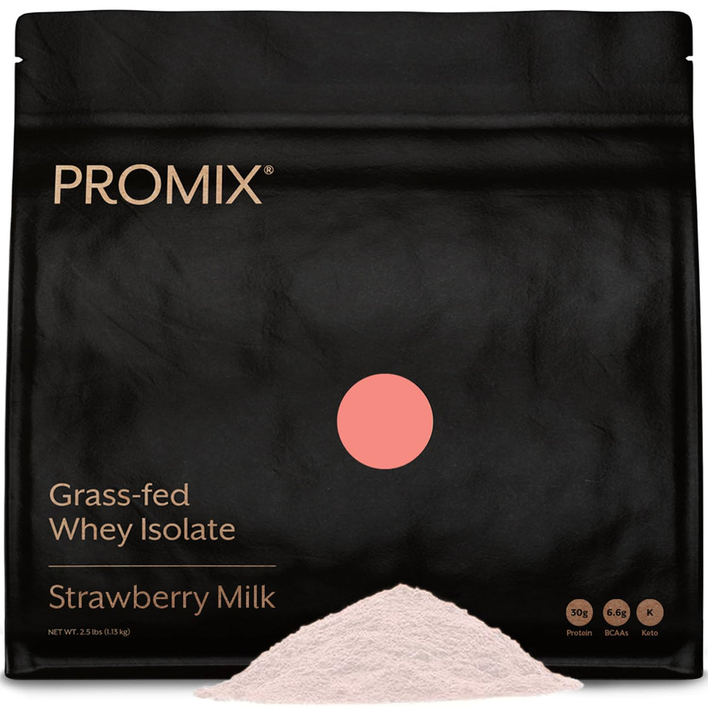 Promix Whey Isolate powder in Strawberry Milk flavor for convenient post-workout shakes.