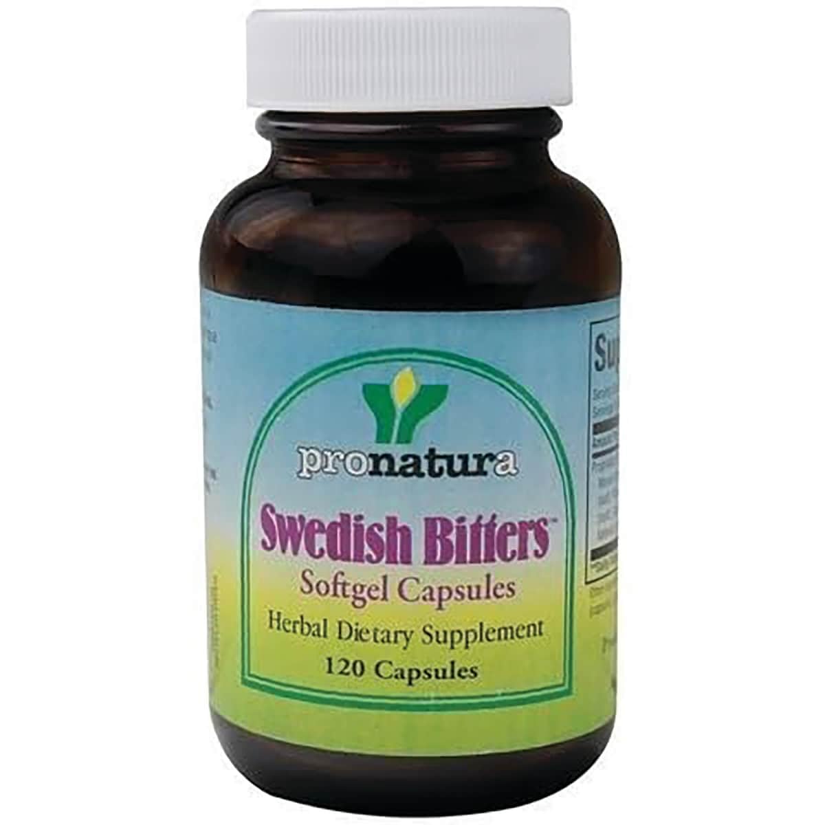 Pronatura Swedish Bitters capsules bottle; supports daily digestive wellness.