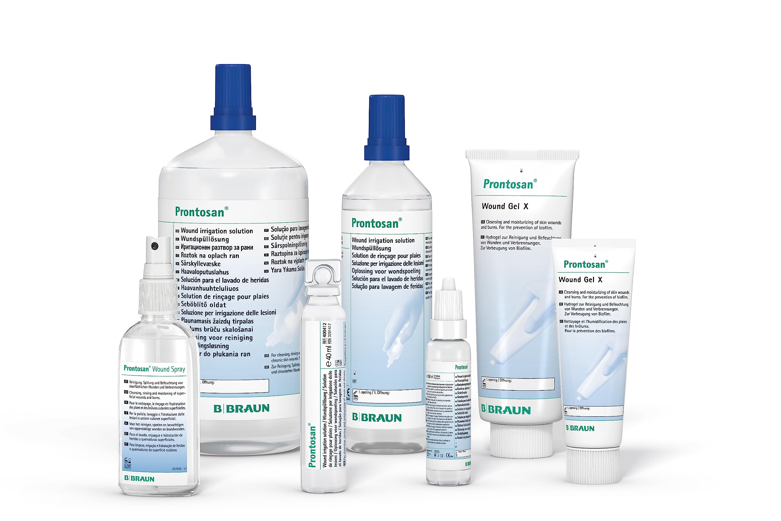 Prontosan wound gel 50 g pack shown with wound dressings