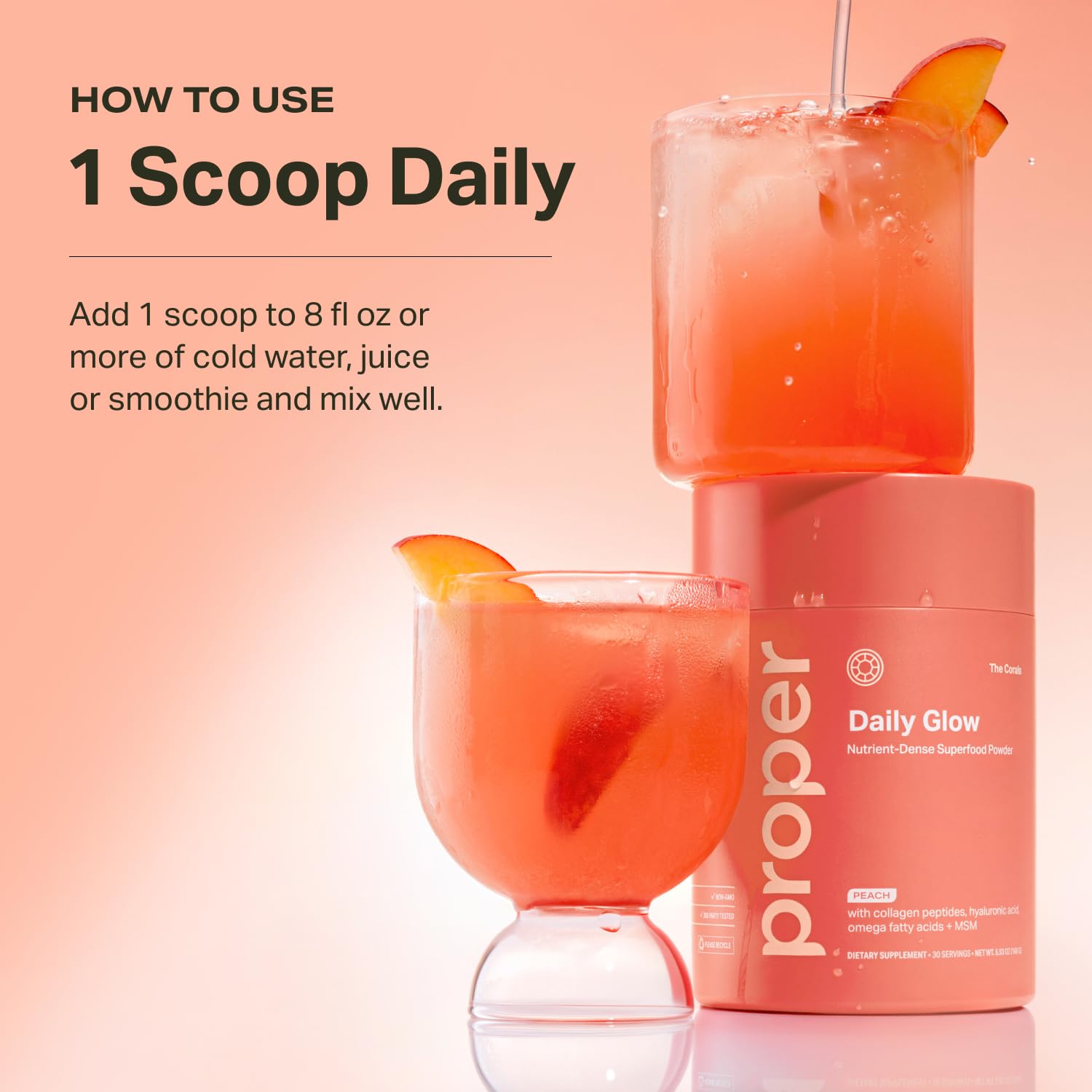 Proper Corals Daily Glow glass with straw ready for peach flavored daily routine