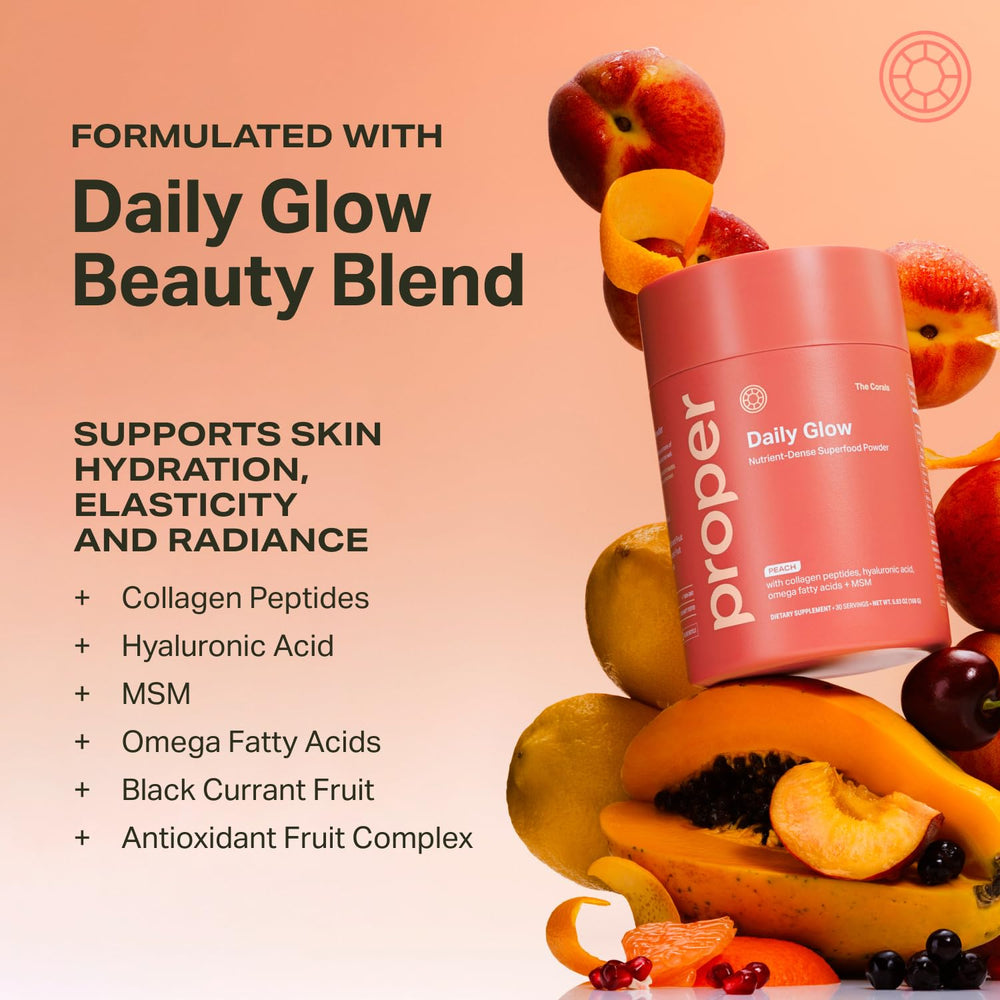 Proper Corals Daily Glow ingredient icons displaying collagen, hyaluronic acid, and vitamin C