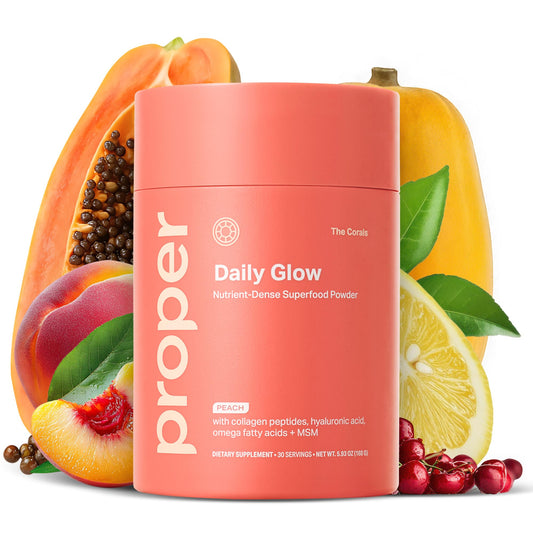 Proper Corals Daily Glow powder in a jar boosts beauty from within with a peach flavor