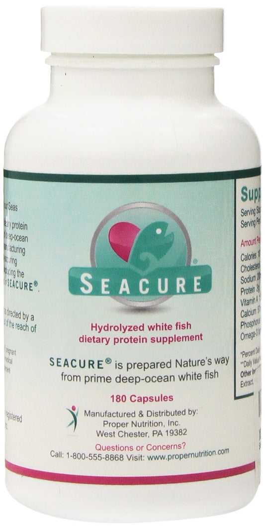 Proper Nutrition Seacure 180 capsules bottle showing omega-3 rich formula.