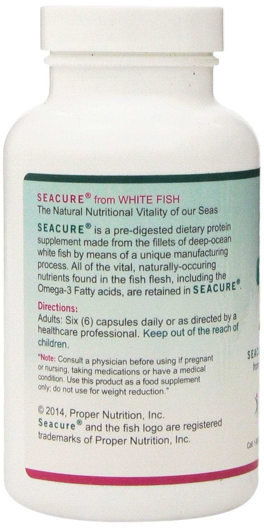 Seacure capsules close-up on label highlighting pre-digested protein.
