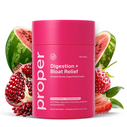 Proper The Pinks digestion powder tub front for convenient daily gut support.