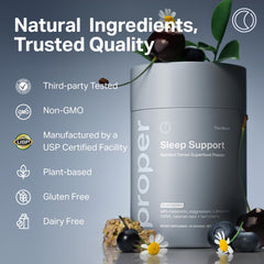Proper The Blues Sleep Aid glass with dissolving powder in water.