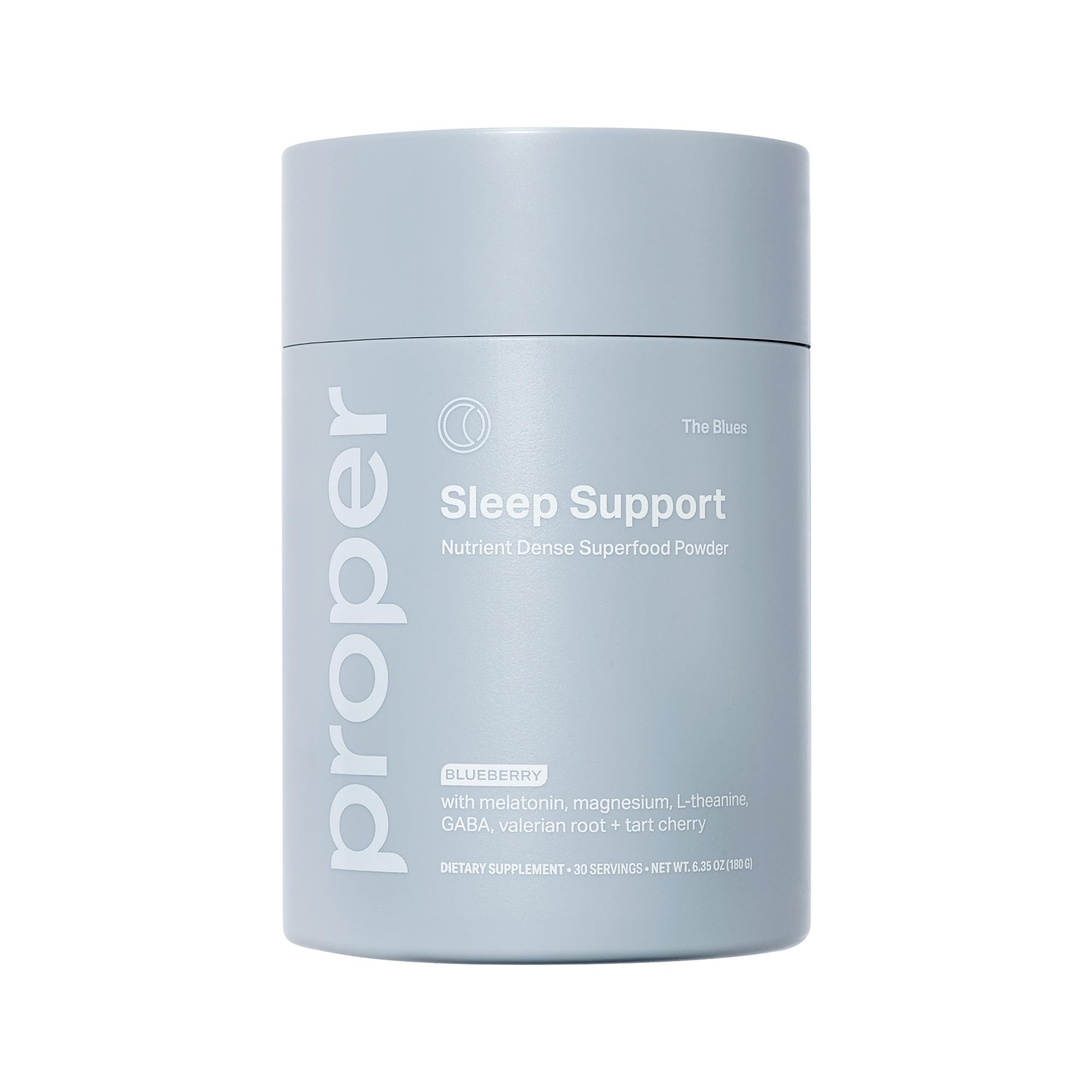 Proper The Blues Sleep Aid scoop for easy evening dosing.