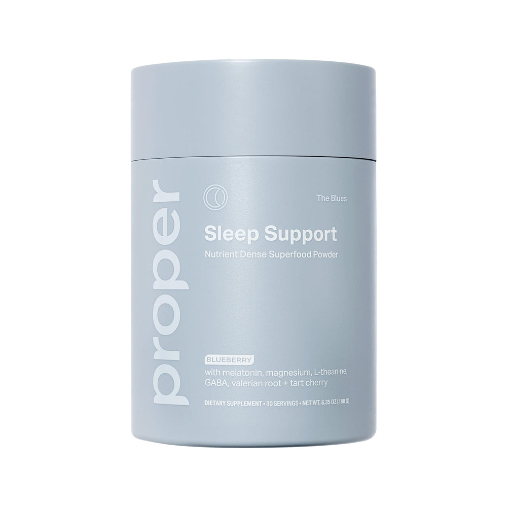 Proper The Blues Sleep Aid scoop for easy evening dosing.