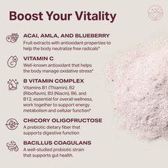 Proper The Purples smoothie mix demonstrates convenient daily intake for busy mornings.