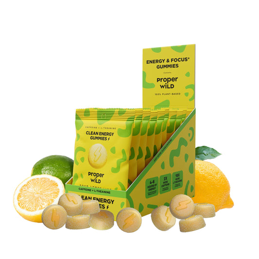 Proper Wild vegan energy gummies lemon lime bottle boosts focus.