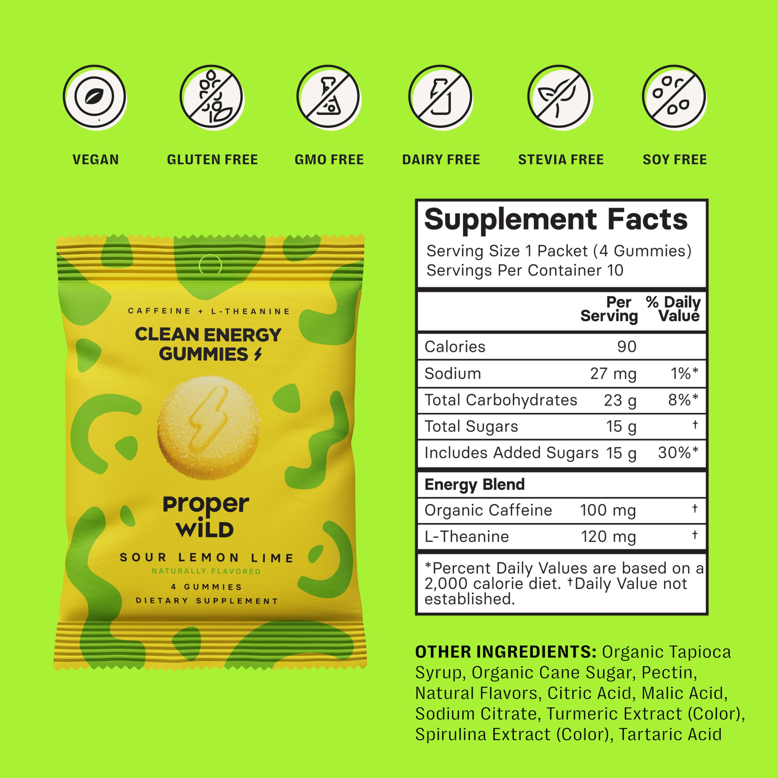 Proper Wild vegan energy gummies close-up highlights citrus flavor.