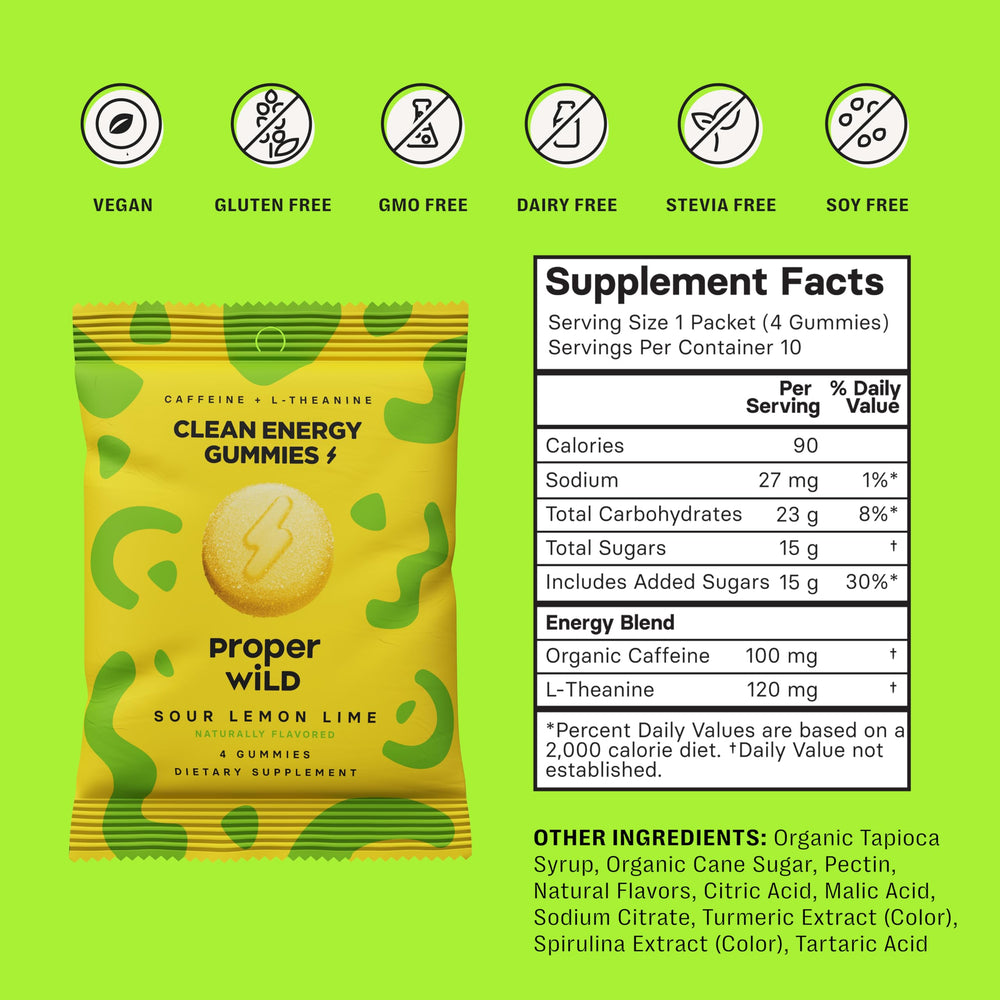 Proper Wild vegan energy gummies close-up highlights citrus flavor.