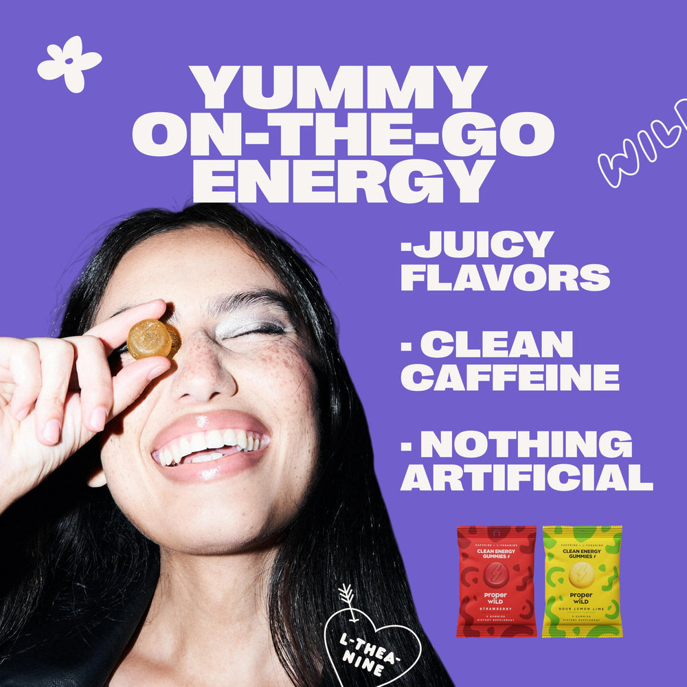 Proper Wild vegan energy gummies serving pack shows plant-based energy.