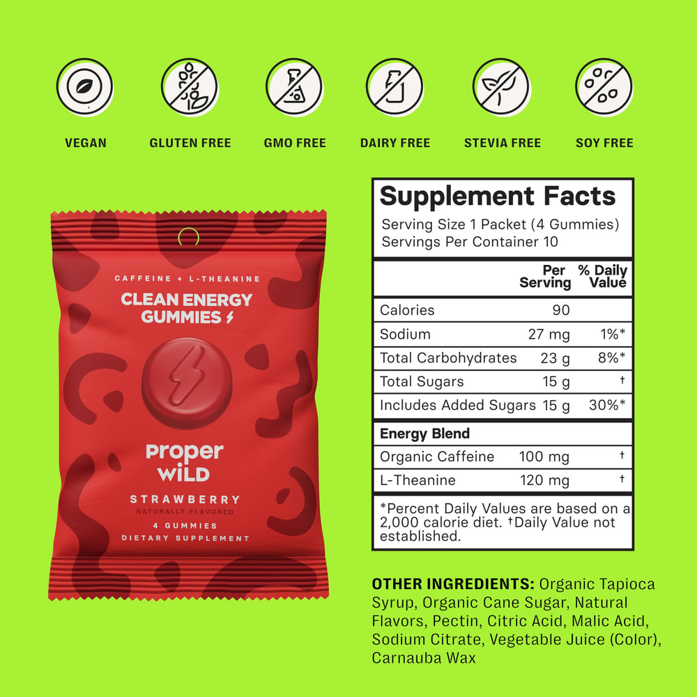 Proper Wild vegan energy gummies strawberry closeup emphasizing flavor and focus.