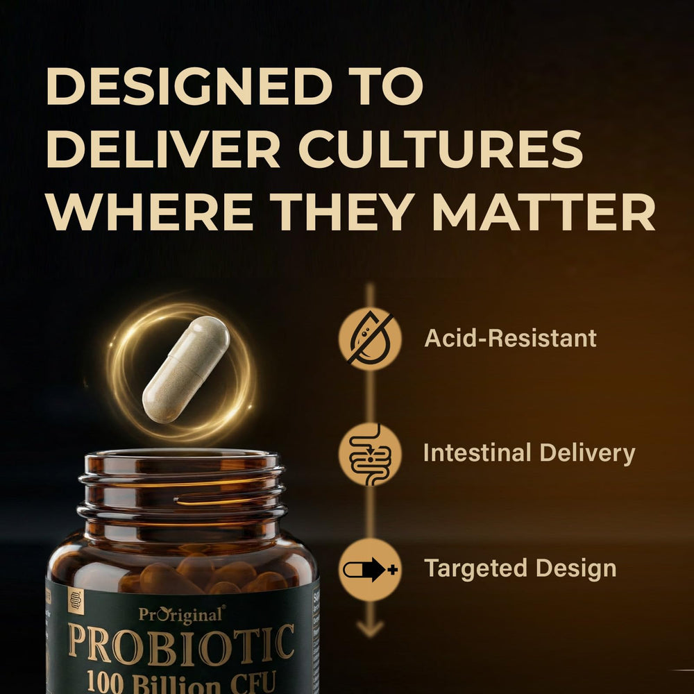 Proriginal 100 Billion CFU label signals potent probiotic potency for daily use.