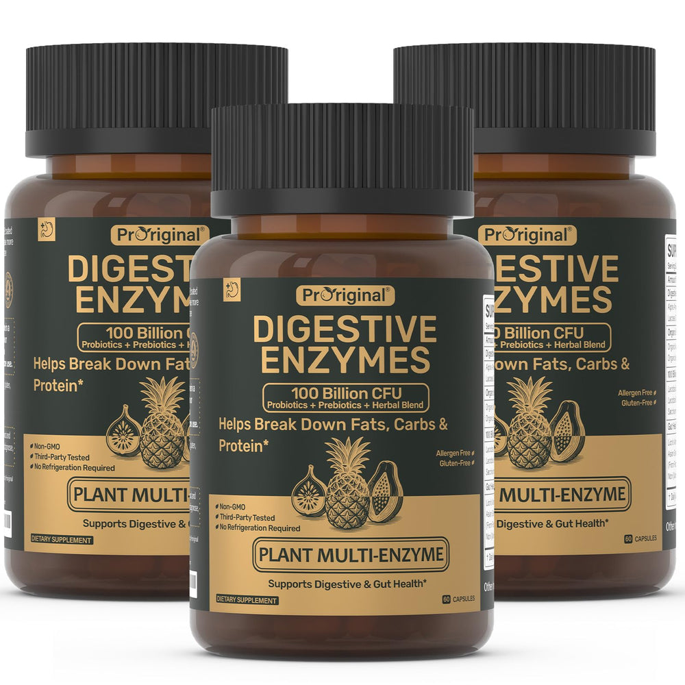 Proriginal Digestive Enzymes bottle with vegan capsules for daily gut support.