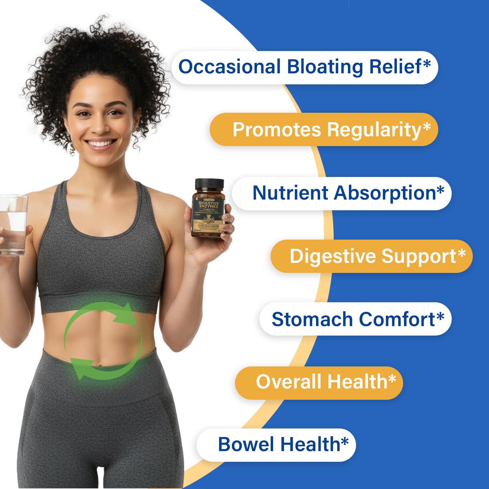 Proriginal Digestive Enzymes probiotic capsules highlighting 100 billion CFU for gut bacteria.