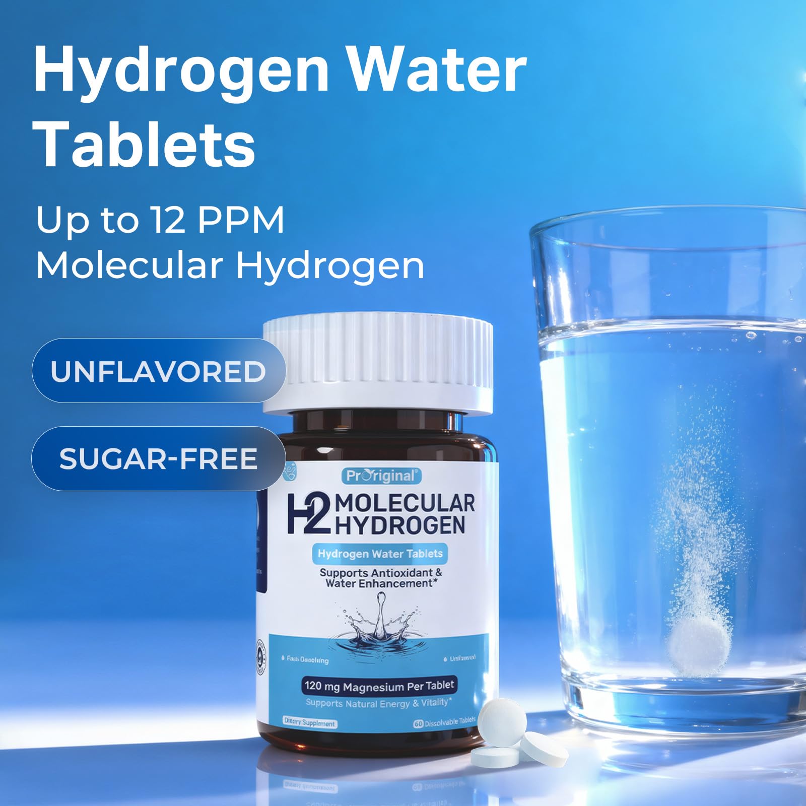 Proriginal hydrogen water tablets in a bottle being poured for on-the-go use