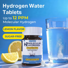 Proriginal hydrogen water tablets in a glass highlighting lemon flavor and clean taste.