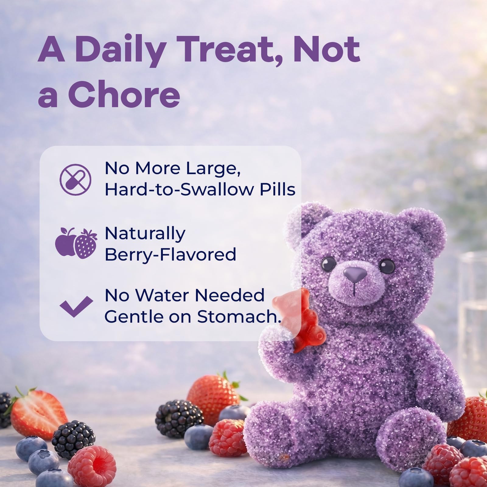 Proriginal vegan sugar-free gummies displayed with natural juice concentrates.