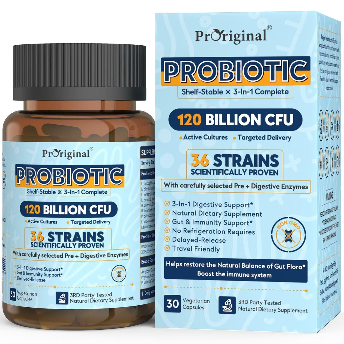 Proriginal probiotics bottle front highlighting high-potency formulation for digestive support.