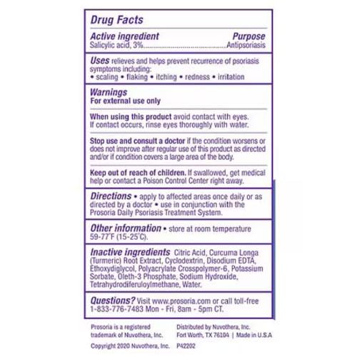 Prosoria psoriasis gel label closeup showing steroid-free formula.