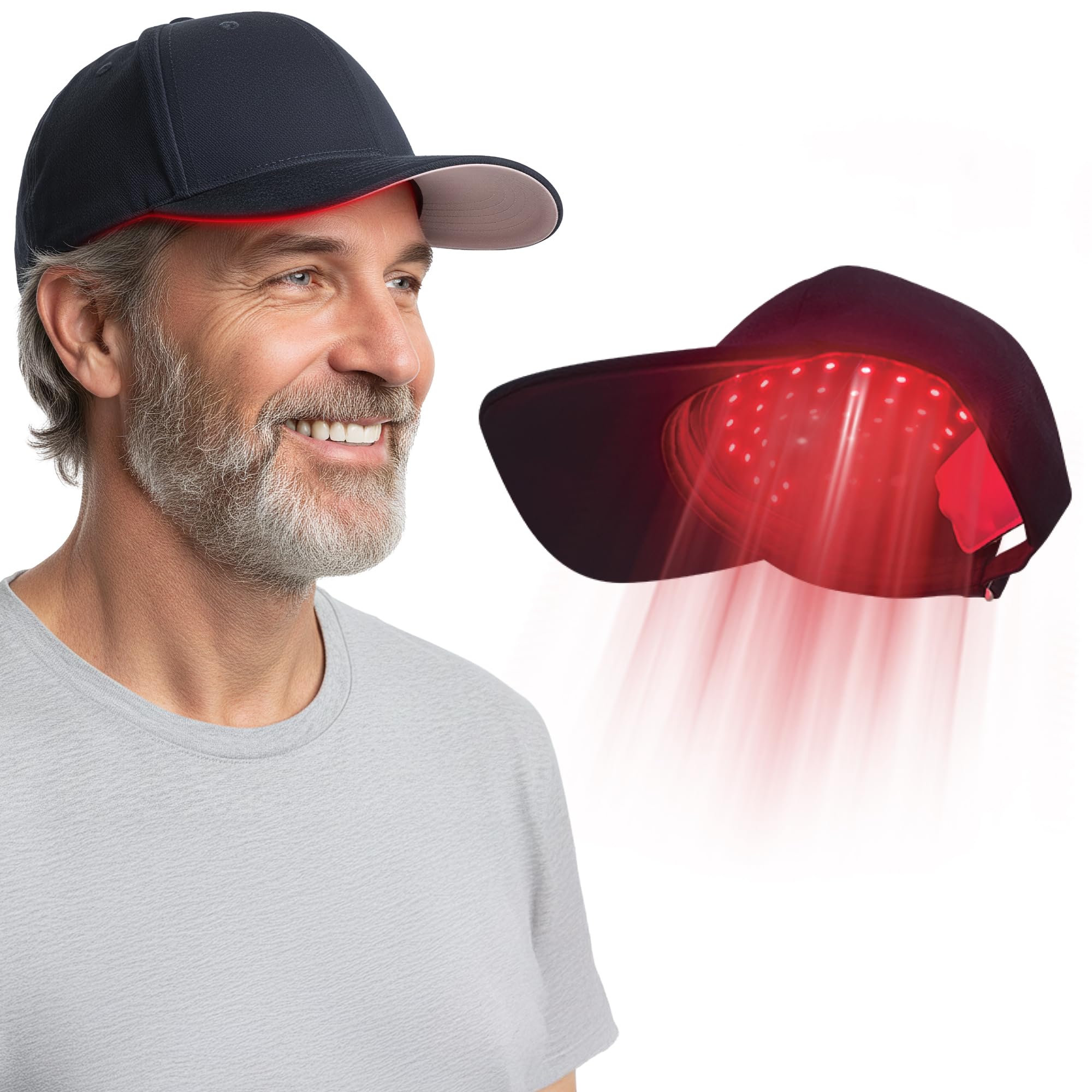 Prospek cordless red-light hat front view supports hands-free scalp care on the go.