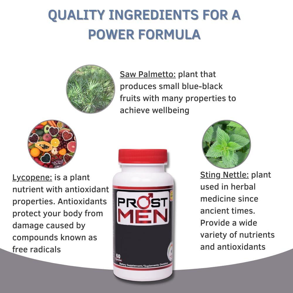 PROSTMEN natural ingredients collage emphasizing botanicals and concentrated nutrients.