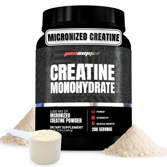 PROSUPPS Creatine Monohydrate Powder bottle on shelf ready for strength training.