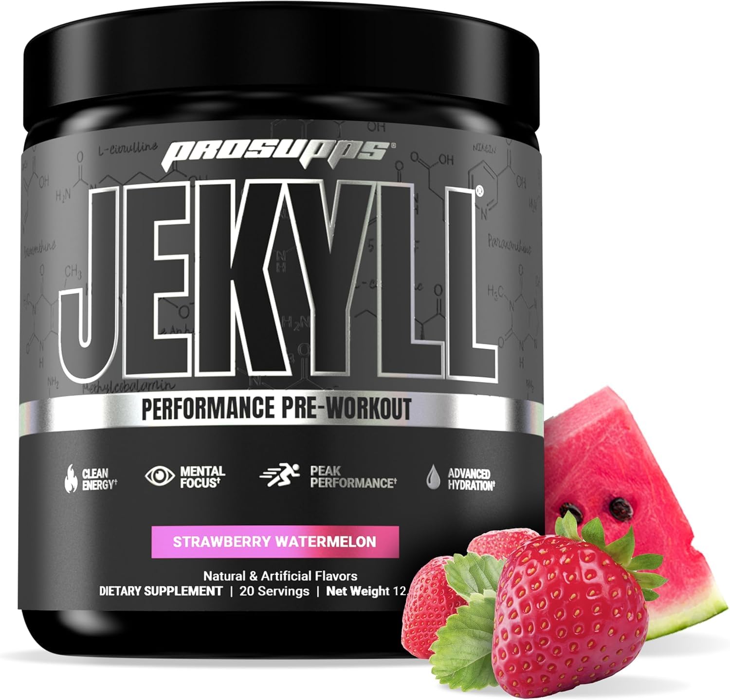 PROSUPPS Dr. Jekyll pre-workout tub front view with Strawberry Watermelon flavor for focused workouts.