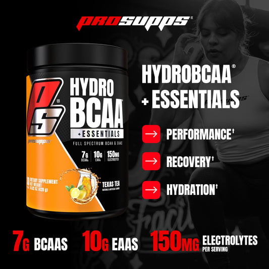 HydroBCAA Texas Tea scoop and label highlighting EAAs for recovery