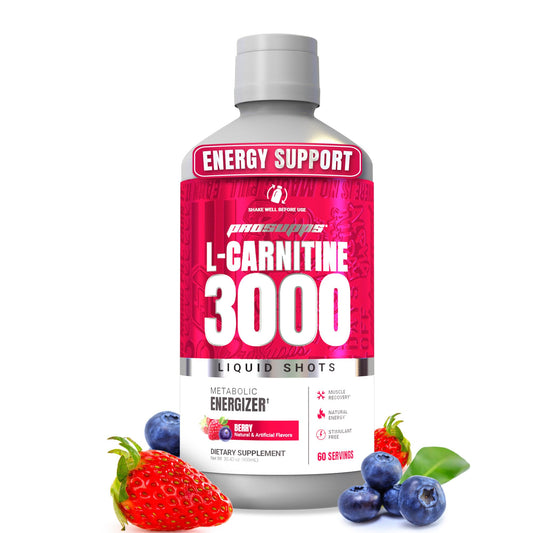 PROSUPPS L-Carnitine Liquid 3000 bottle shows stimulant-free energy support for workouts.