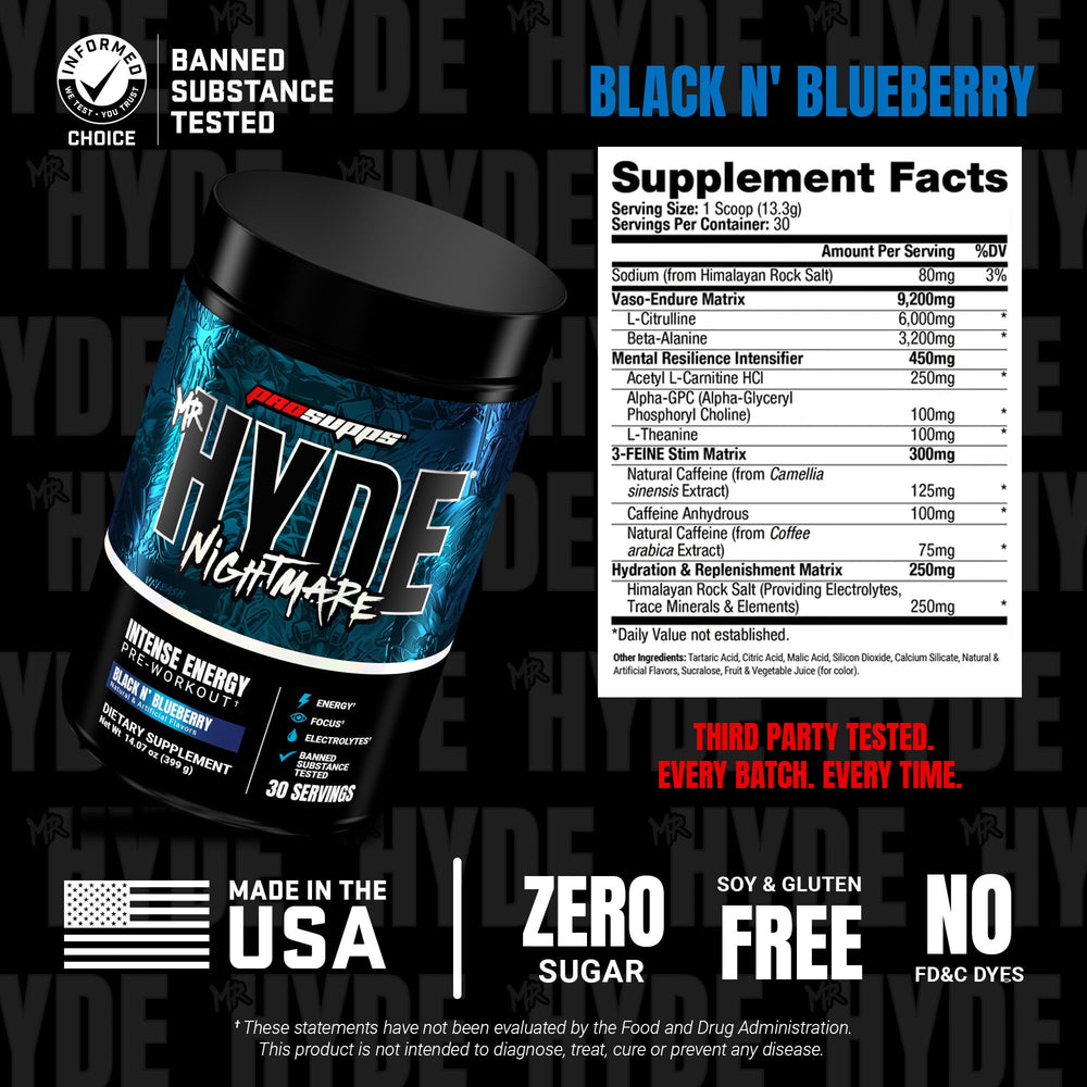 Prosupps Mr Hyde Nightmare Black N' Blueberry flavor in glass with ice