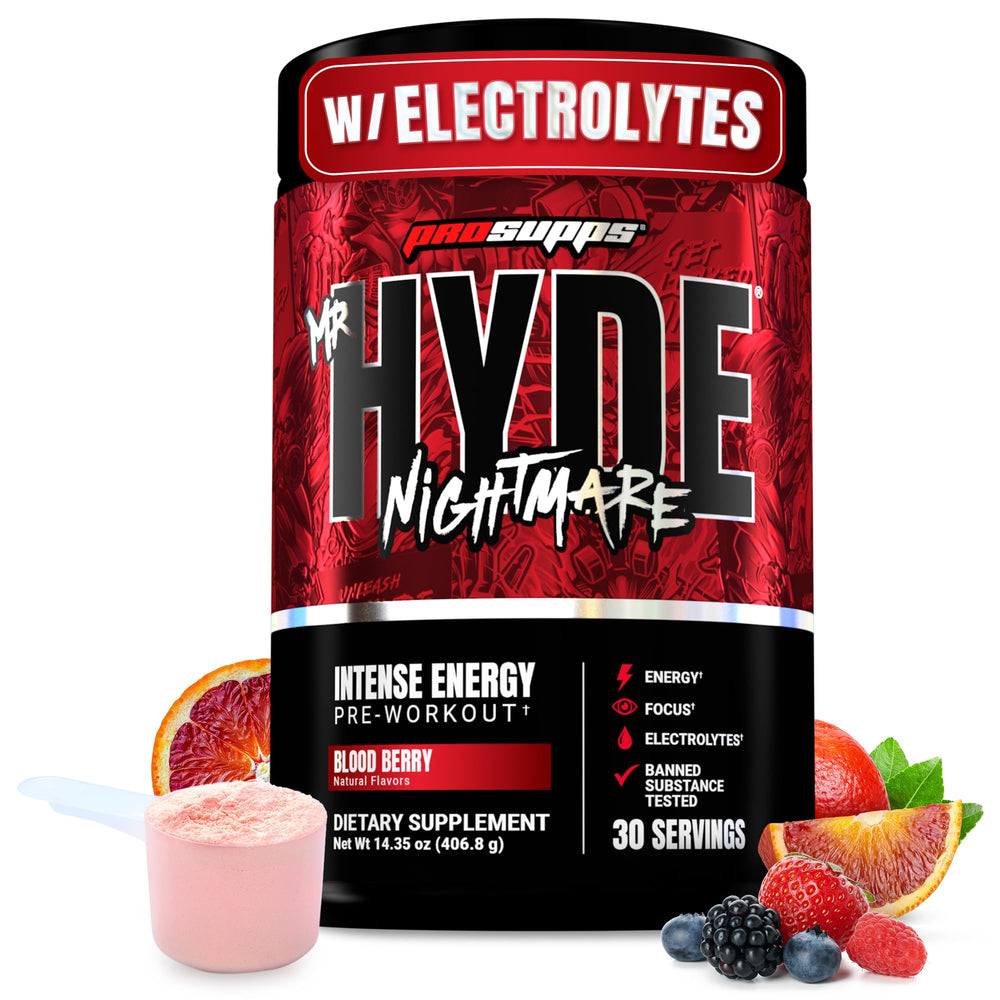 Prosupps Mr Hyde Nightmare Blood Berry can showing bold energy before workouts