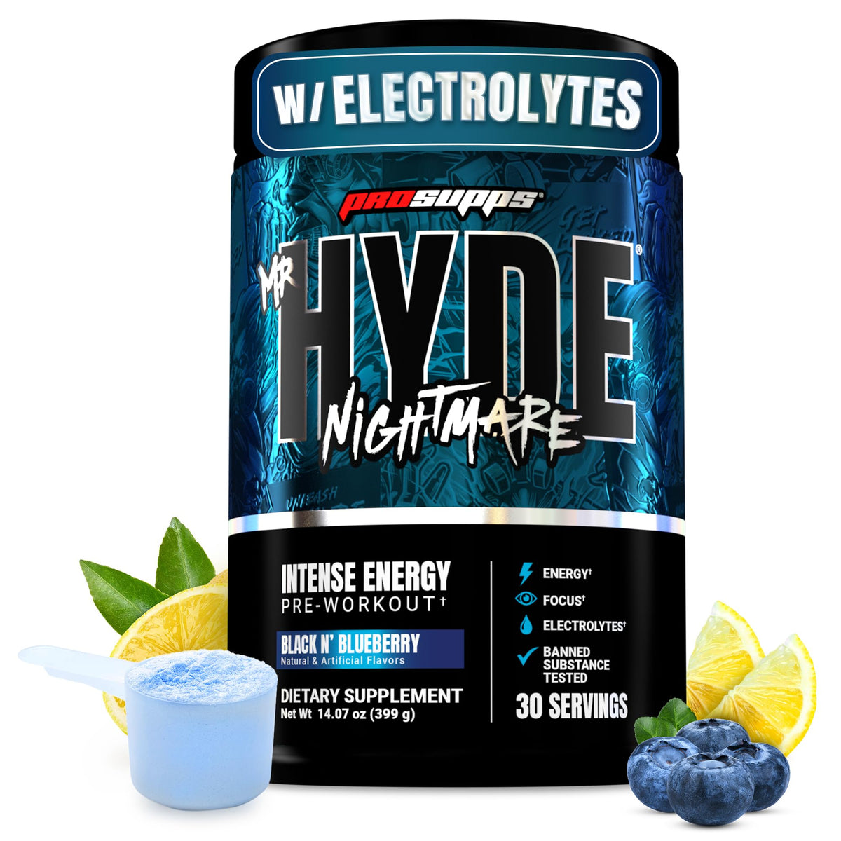 Prosupps Mr Hyde Nightmare tub front with bold branding for intense energy