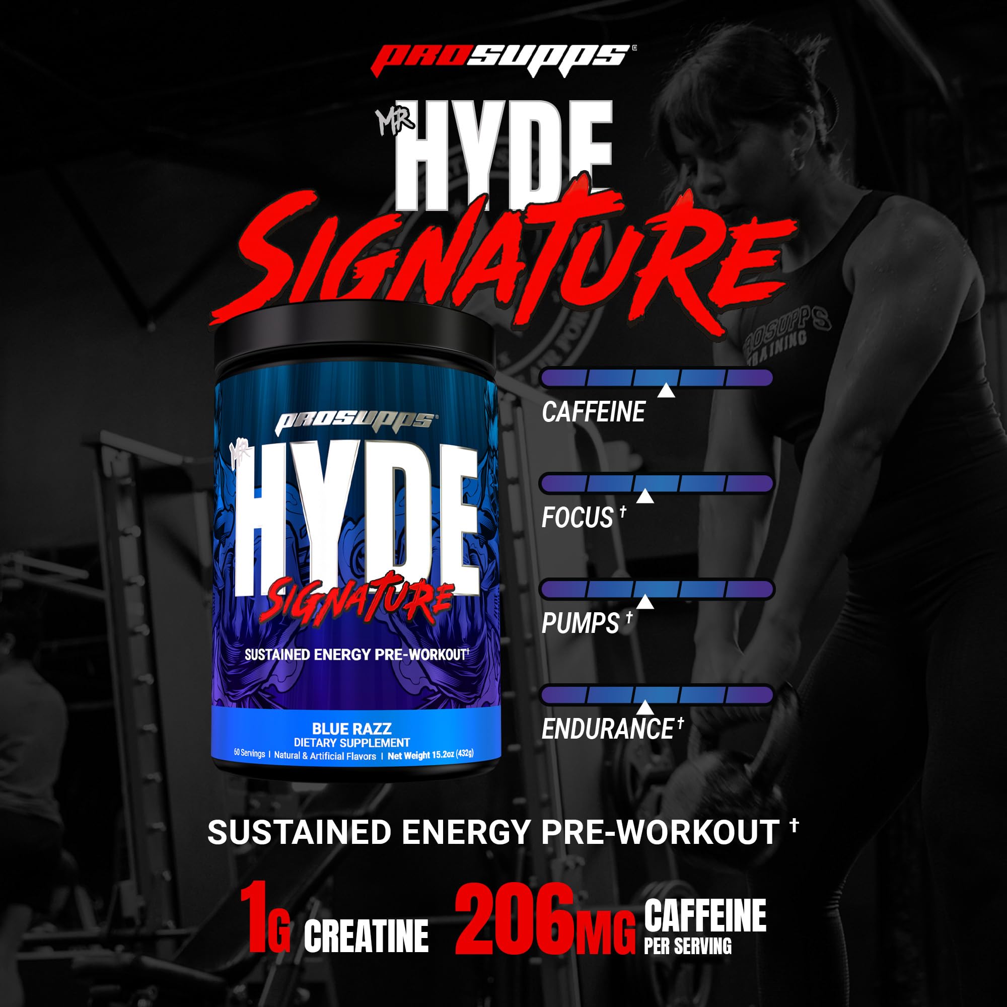 PROSUPPS Mr. Hyde Signature Blue Razz tub label close-up highlights clean ingredients.