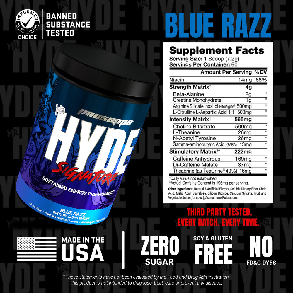 PROSUPPS Mr. Hyde Signature glass with prepared blue razz drink for sustained energy.