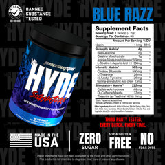 PROSUPPS Mr. Hyde Signature glass with prepared blue razz drink for sustained energy.